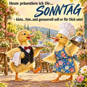 Zwei Entenküken servieren Tee und ein Gericht auf einer Terrasse, Text: Heute präsentiere ich Dir.... SONNTAG – klein..fein..und genussvoll soll er für Dich sein!