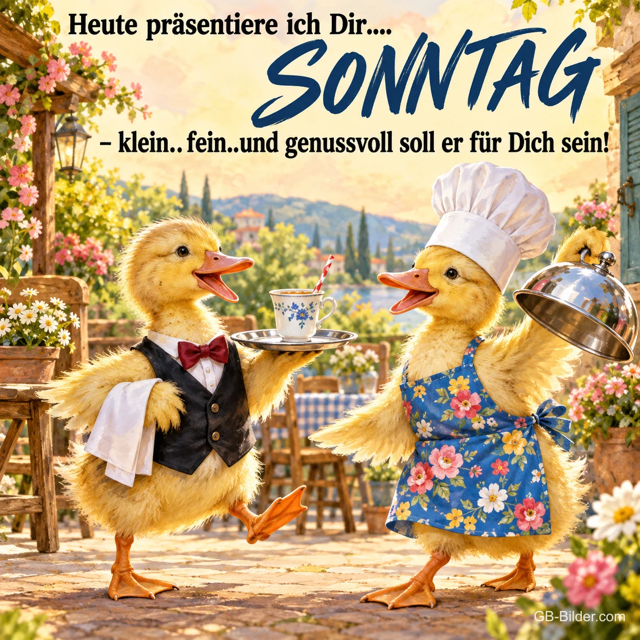 Zwei Entenküken servieren Tee und ein Gericht auf einer Terrasse, Text: Heute präsentiere ich Dir.... SONNTAG – klein..fein..und genussvoll soll er für Dich sein!