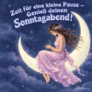 Frau mit Blumen im Haar sitzt im lila Kleid auf der Mondsichel, Text: Zeit für eine kleine Pause – Genieß deinen Sonntagabend!