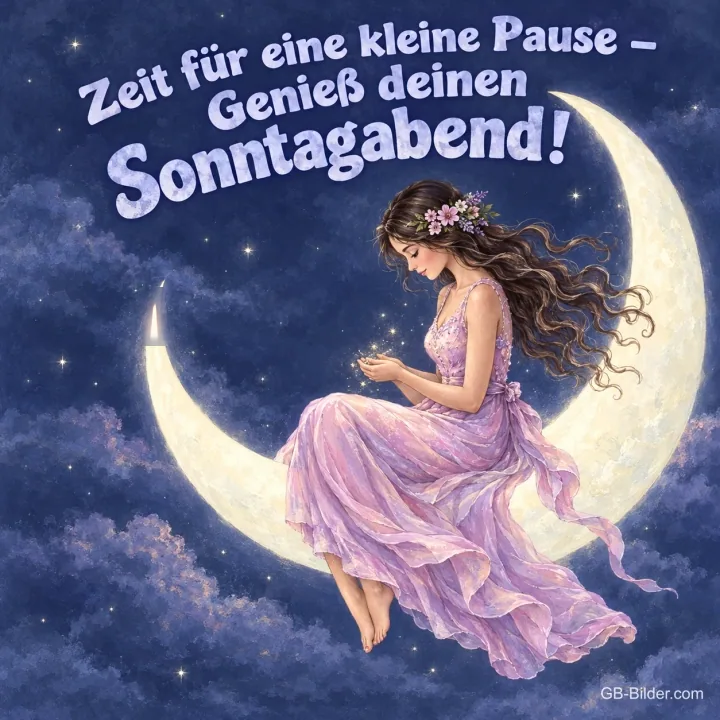 Frau mit Blumen im Haar sitzt im lila Kleid auf der Mondsichel, Text: Zeit für eine kleine Pause – Genieß deinen Sonntagabend!