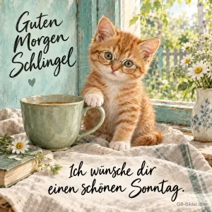 Rotes Kätzchen mit Brille neben einer grünen Tasse am Fenster, Text: Guten Morgen, Schlingel! Ich wünsche dir einen schönen Sonntag.