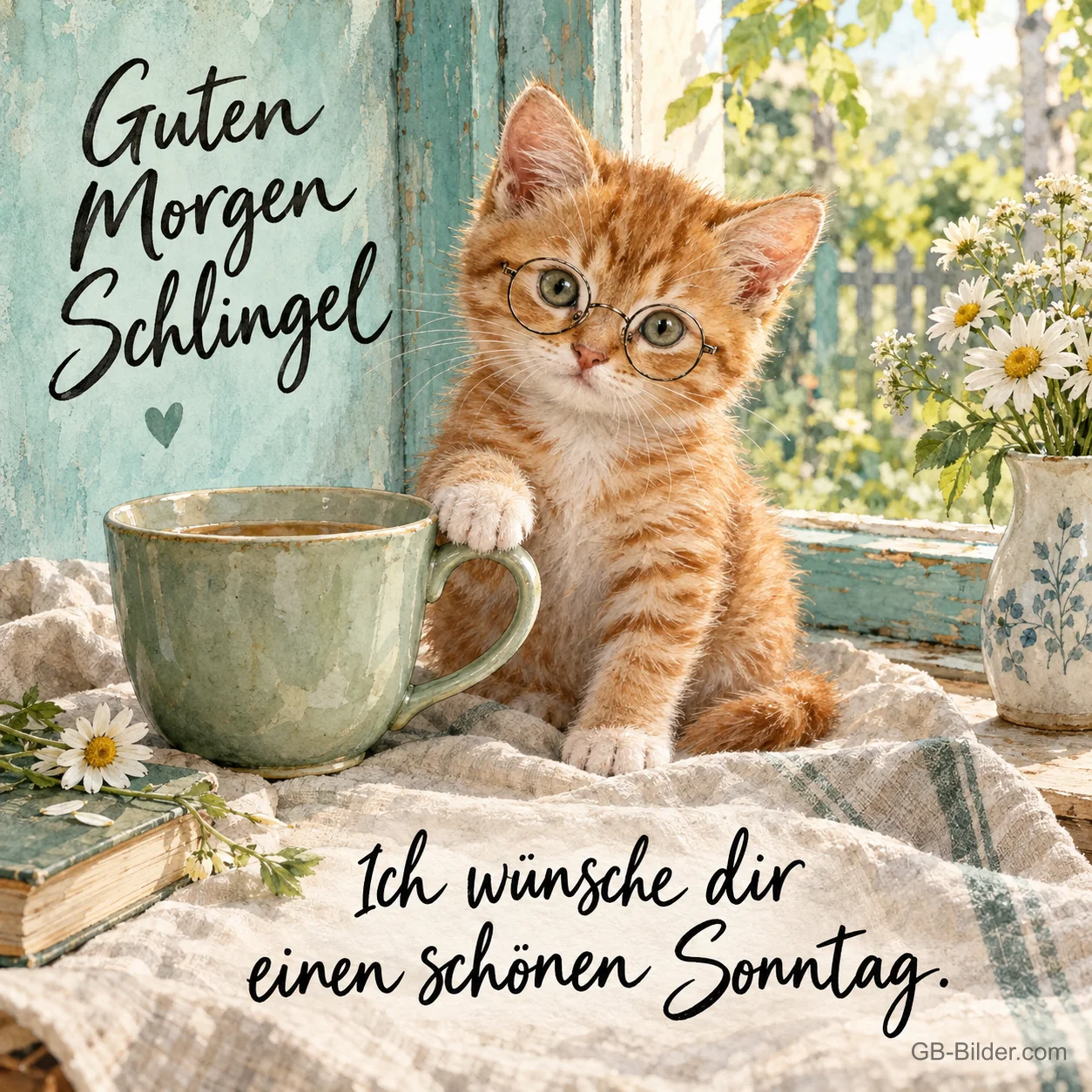 Rotes Kätzchen mit Brille neben einer grünen Tasse am Fenster, Text: Guten Morgen, Schlingel! Ich wünsche dir einen schönen Sonntag.