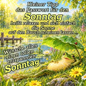 Frosch liegt mit Blattschirm entspannt im Gras am See, Text: Kleiner Tipp das Passwort für den Sonntag heißt relaxen und sich einfach die Sonne auf den Bauch scheinen lassen ... Wünsche allen einen tollen entspannten Sonntag ...