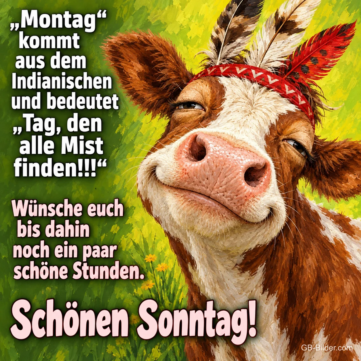 Kuh mit Federstirnband grinst auf der Wiese, Text: „Montag“ kommt aus dem Indianischen und bedeutet „Tag, den alle Mist finden!!!“ Wünsche euch bis dahin noch ein paar schöne Stunden. Schönen Sonntag!