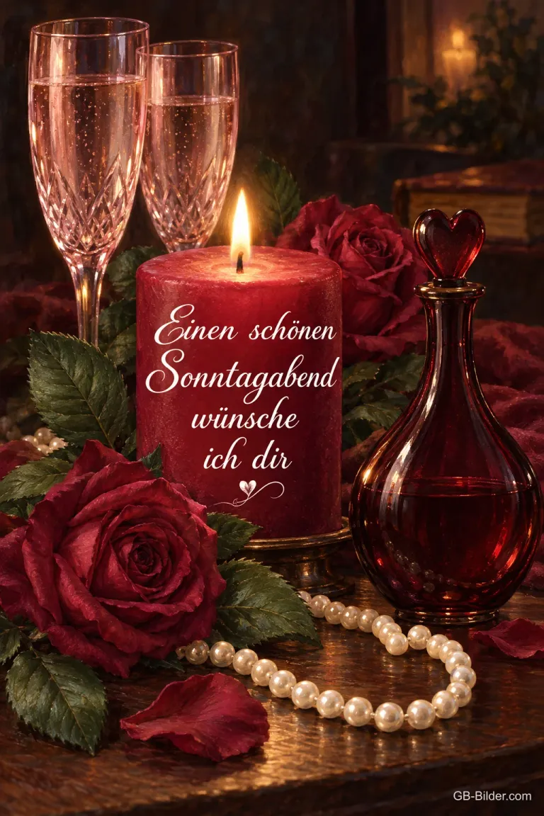 Rote Kerze mit Rosen, Perlen und Sektgläsern, Text: Einen schönen Sonntagabend wünsche ich dir