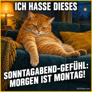 Mürrischer roter Kater liegt auf dem Sofa, Text: ICH HASSE DIESES – SONNTAGABEND-GEFÜHL: MORGEN IST MONTAG!