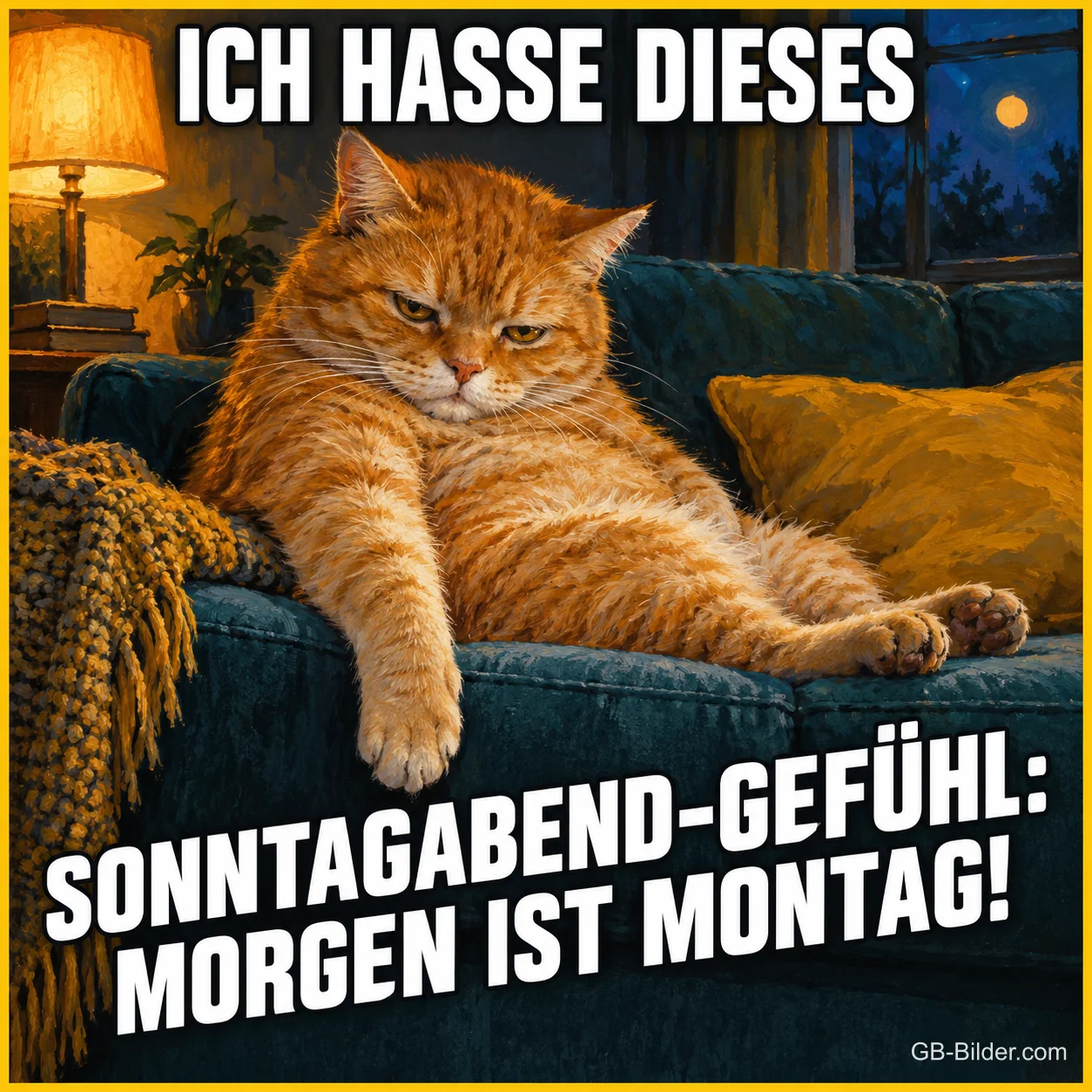 Mürrischer roter Kater liegt auf dem Sofa, Text: ICH HASSE DIESES – SONNTAGABEND-GEFÜHL: MORGEN IST MONTAG!