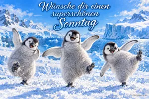 Drei Pinguinküken tanzen fröhlich im Schnee, Text: Wünsche dir einen superschönen Sonntag