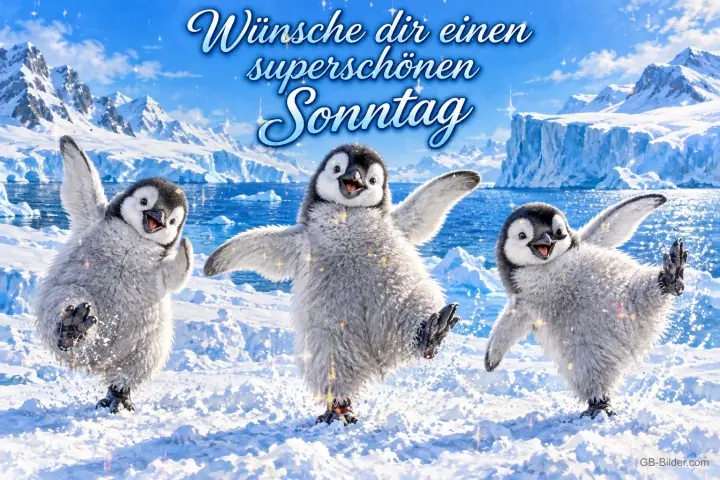Drei Pinguinküken tanzen fröhlich im Schnee, Text: Wünsche dir einen superschönen Sonntag