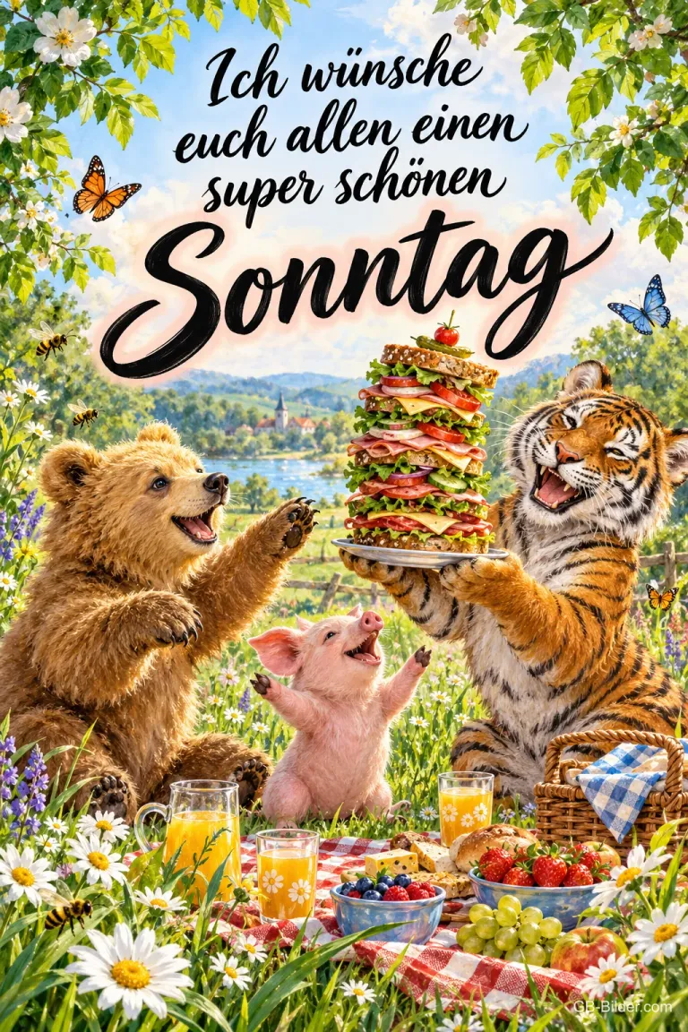 Bär, Ferkel und Tiger feiern ein Picknick mit einem riesigen Sandwich, Text: Ich wünsche euch allen einen super schönen Sonntag