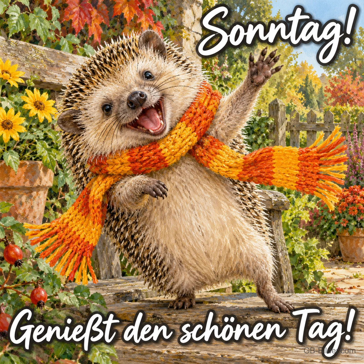 Igel mit orangem Schal winkt fröhlich im Herbstgarten, Text: Sonntag! Genießt den schönen Tag!