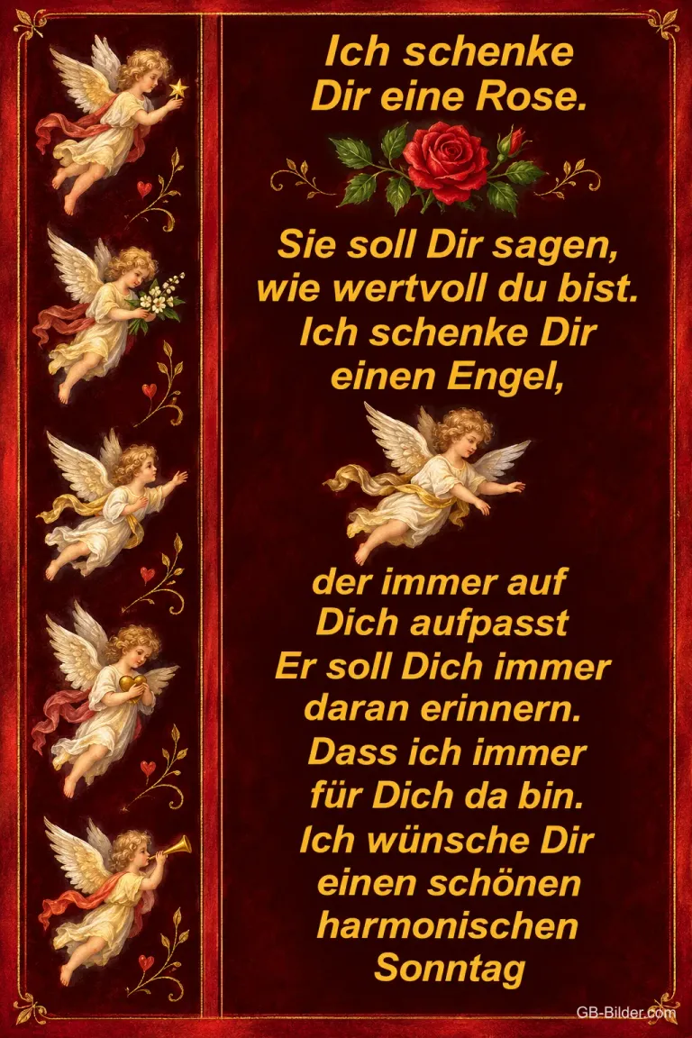 Engel und rote Rose auf dunkelrotem Grund, Gedicht: Ich schenke dir eine Rose. Ich wünsche dir einen schönen, harmonischen Sonntag