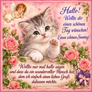 Graues Kätzchen hebt die Pfote, darüber ein kleiner Engel, Text: Hallo! Wollte dir einen schönen Tag wünschen! Einen schönen Sonntag! Wollte nur mal hallo sagen und dass du ein wundervoller Mensch bist, dem ich einfach einen lieben Gruß dalassen möchte.
