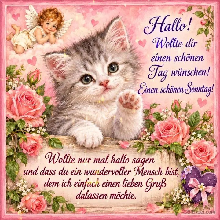 Graues Kätzchen hebt die Pfote, darüber ein kleiner Engel, Text: Hallo! Wollte dir einen schönen Tag wünschen! Einen schönen Sonntag! Wollte nur mal hallo sagen und dass du ein wundervoller Mensch bist, dem ich einfach einen lieben Gruß dalassen möchte.