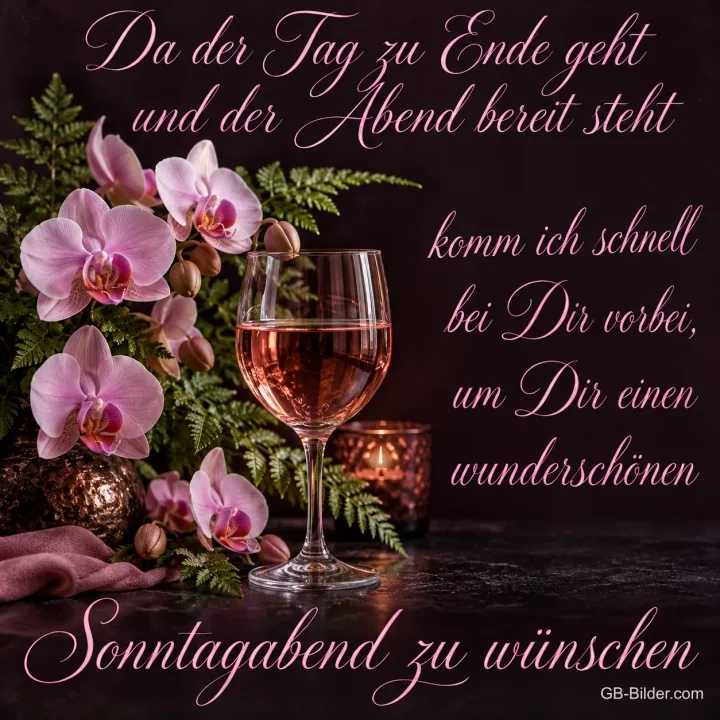 Roséglas zwischen rosa Orchideen, Text: Da der Tag zu Ende geht, komm ich schnell vorbei, um dir einen wunderschönen Sonntagabend zu wünschen