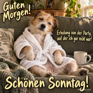 Terrier im weißen Bademantel sitzt verschlafen auf dem Sofa neben einer Kaffeetasse, Text: Guten Morgen! Erholung von der Party, auf der ich gar nicht war! Schönen Sonntag!
