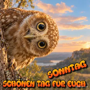 Neugieriger Steinkauz am Baumstamm, Text: Sonntag – Schönen Tag für euch