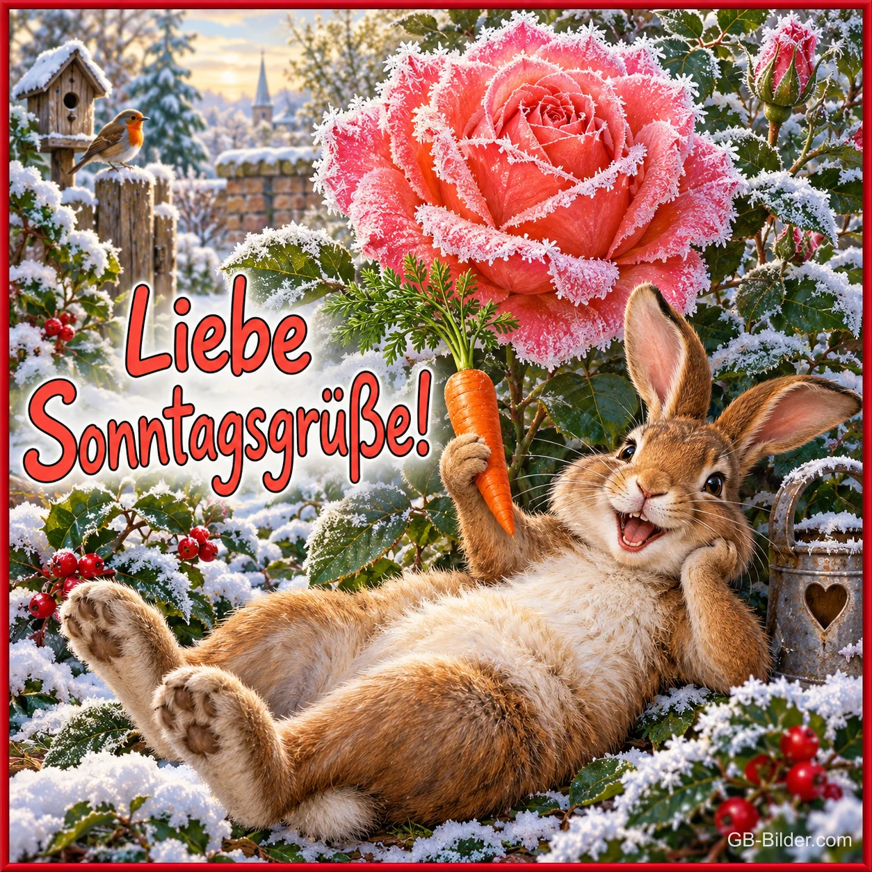 Hase liegt lachend mit Karotte im Schnee unter einer bereiften Rose, Text: Liebe Sonntagsgrüße!