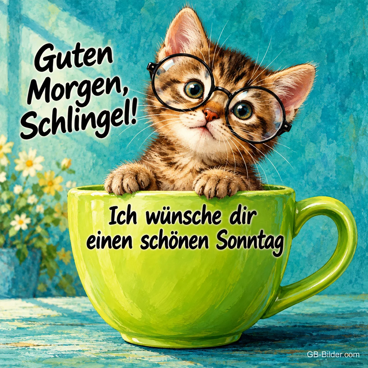 Getigertes Kätzchen mit Brille sitzt in einer grünen Tasse, Text: Guten Morgen, Schlingel! Ich wünsche dir einen schönen Sonntag