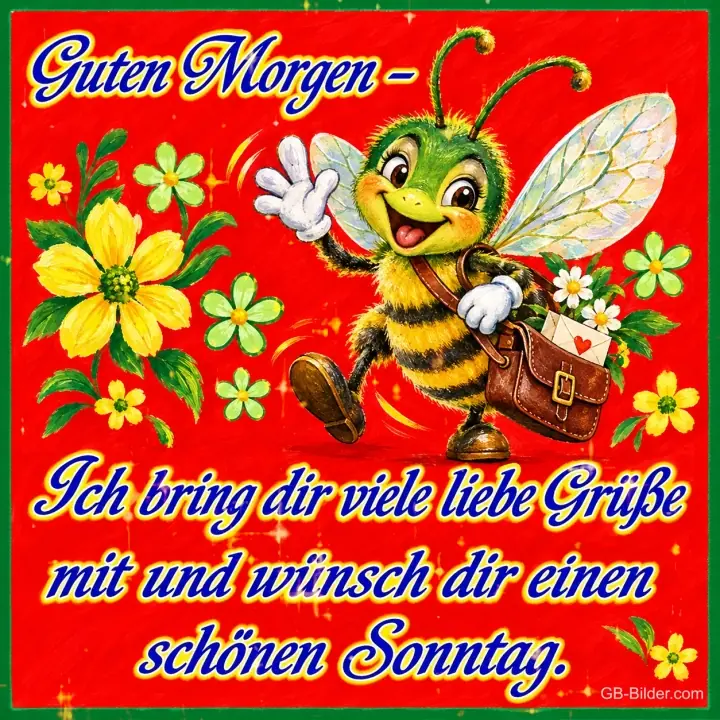 Fröhliche Biene mit Posttasche winkt zwischen Blumen, Text: Guten Morgen – Ich bring dir viele liebe Grüße mit und wünsch dir einen schönen Sonntag.
