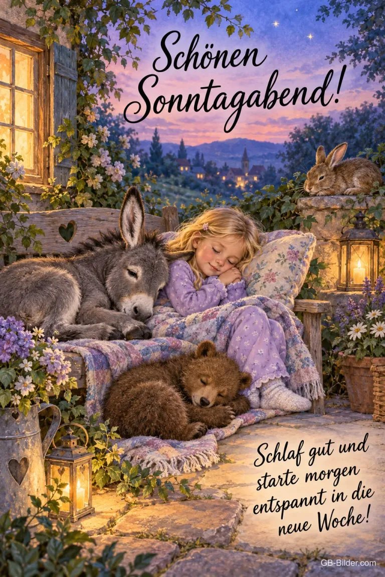 Mädchen schläft mit Esel und Bärenjungem auf einer Gartenbank, Text: Schönen Sonntagabend! – Schlaf gut und starte morgen entspannt in die neue Woche!