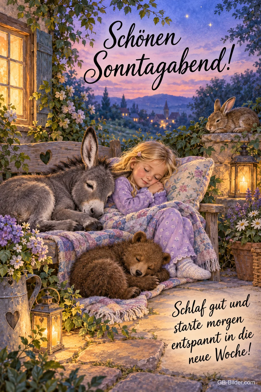 Mädchen schläft mit Esel und Bärenjungem auf einer Gartenbank, Text: Schönen Sonntagabend! – Schlaf gut und starte morgen entspannt in die neue Woche!