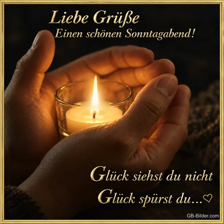 Hände halten ein brennendes Teelicht, Text: Liebe Grüße – Einen schönen Sonntagabend! Glück siehst du nicht, Glück spürst du