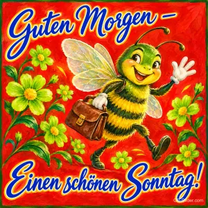 Winkende Biene mit Aktentasche zwischen grünen Blumen auf Rot, Text: Guten Morgen – Einen schönen Sonntag!