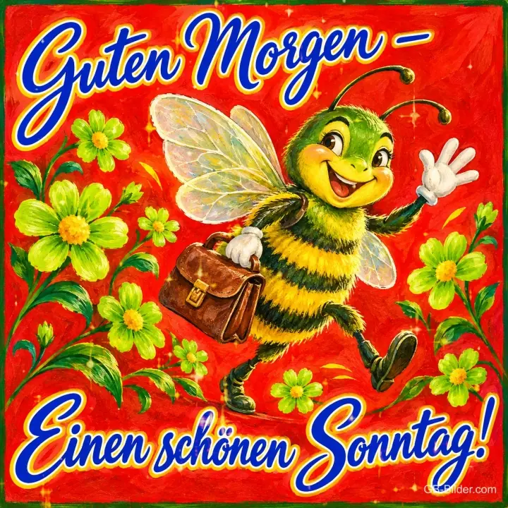 Winkende Biene mit Aktentasche zwischen grünen Blumen auf Rot, Text: Guten Morgen – Einen schönen Sonntag!