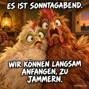 Zwei Hühner, eines mit Brille, schauen entsetzt im Stall, Text: ES IST SONNTAGABEND. WIR KÖNNEN LANGSAM ANFANGEN, ZU JAMMERN.