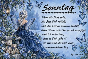 Elfe zwischen blauen Blumen und Teddys, Gedicht: Wenn die Erde bebt. Ich wünsche Dir noch einen wunderschönen Tag