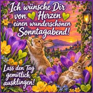Zwei Hasen spielen zwischen Krokussen im Abendlicht, Text: Ich wünsche Dir von Herzen einen wunderschönen Sonntagabend! Lass den Tag gemütlich ausklingen!
