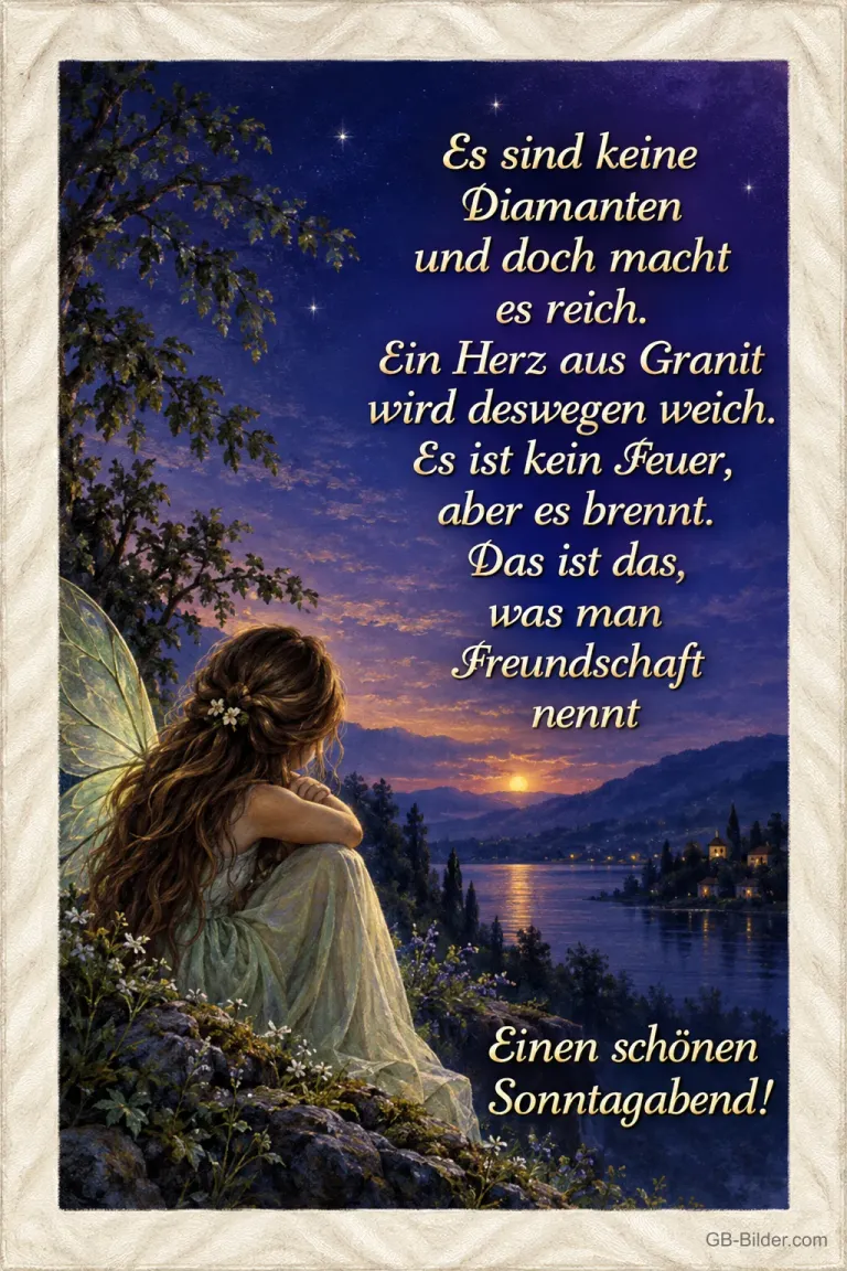Elfe über einem See in der Dämmerung, Gedicht über Freundschaft, Einen schönen Sonntagabend!