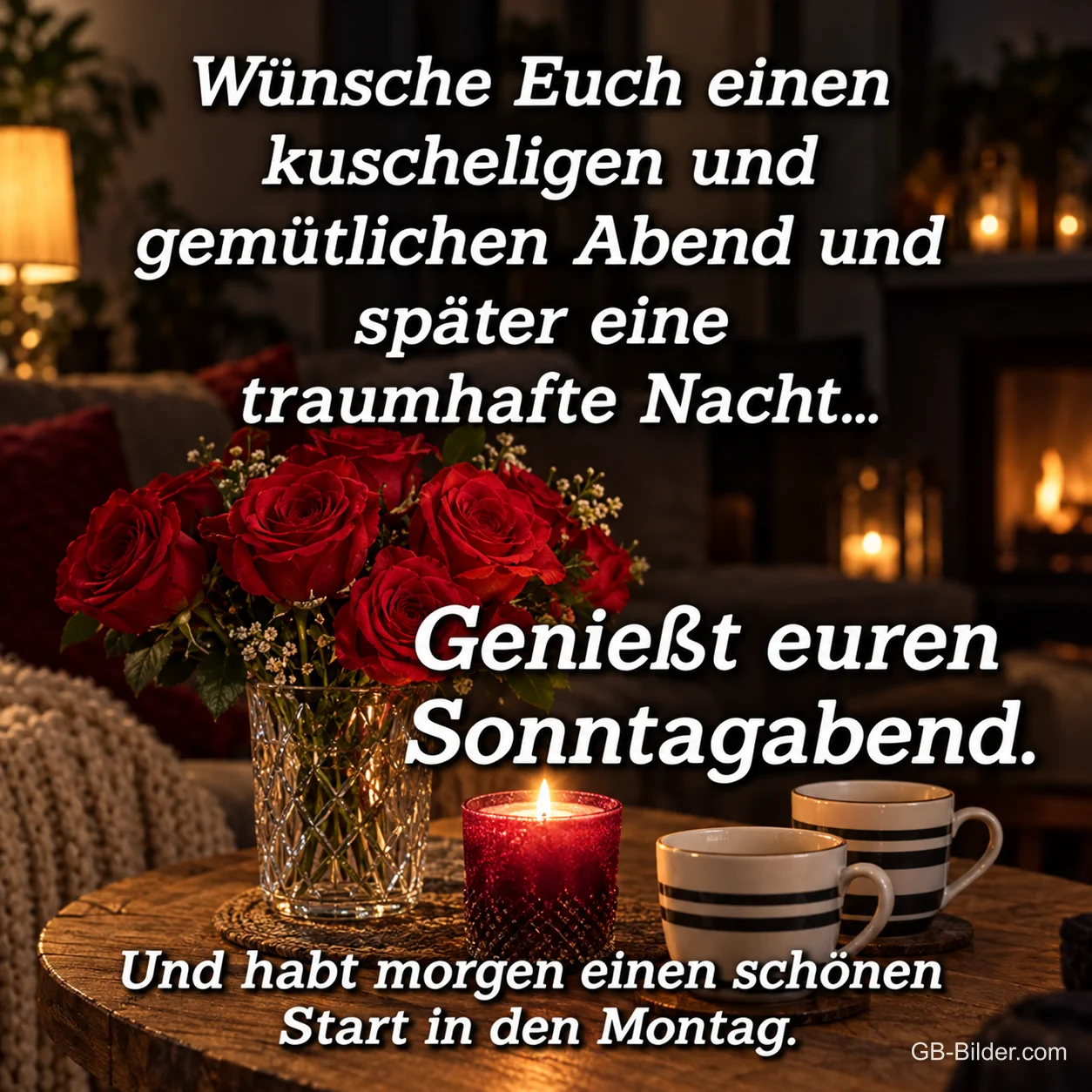 Rosen und Kerzen am Kamin, Text: Wünsche Euch einen kuscheligen und gemütlichen Abend und später eine t