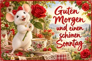 Weiße Maus mit Schleife hält eine rote Rose neben einer Teetasse, Text: Guten Morgen und einen schönen Sonntag