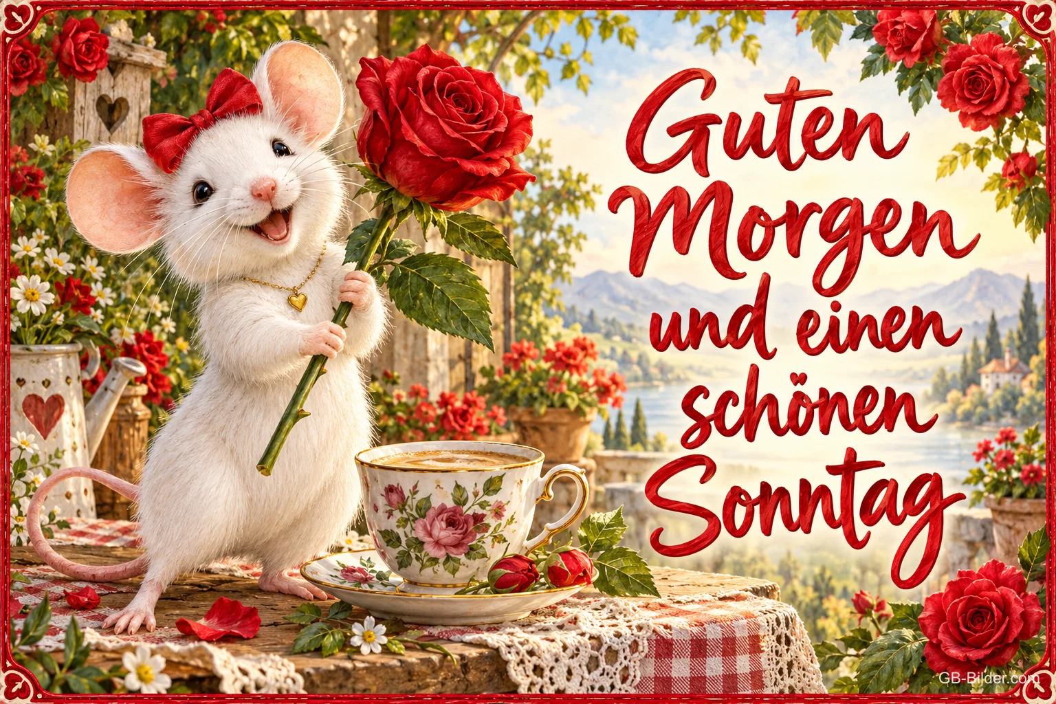 Weiße Maus mit Schleife hält eine rote Rose neben einer Teetasse, Text: Guten Morgen und einen schönen Sonntag
