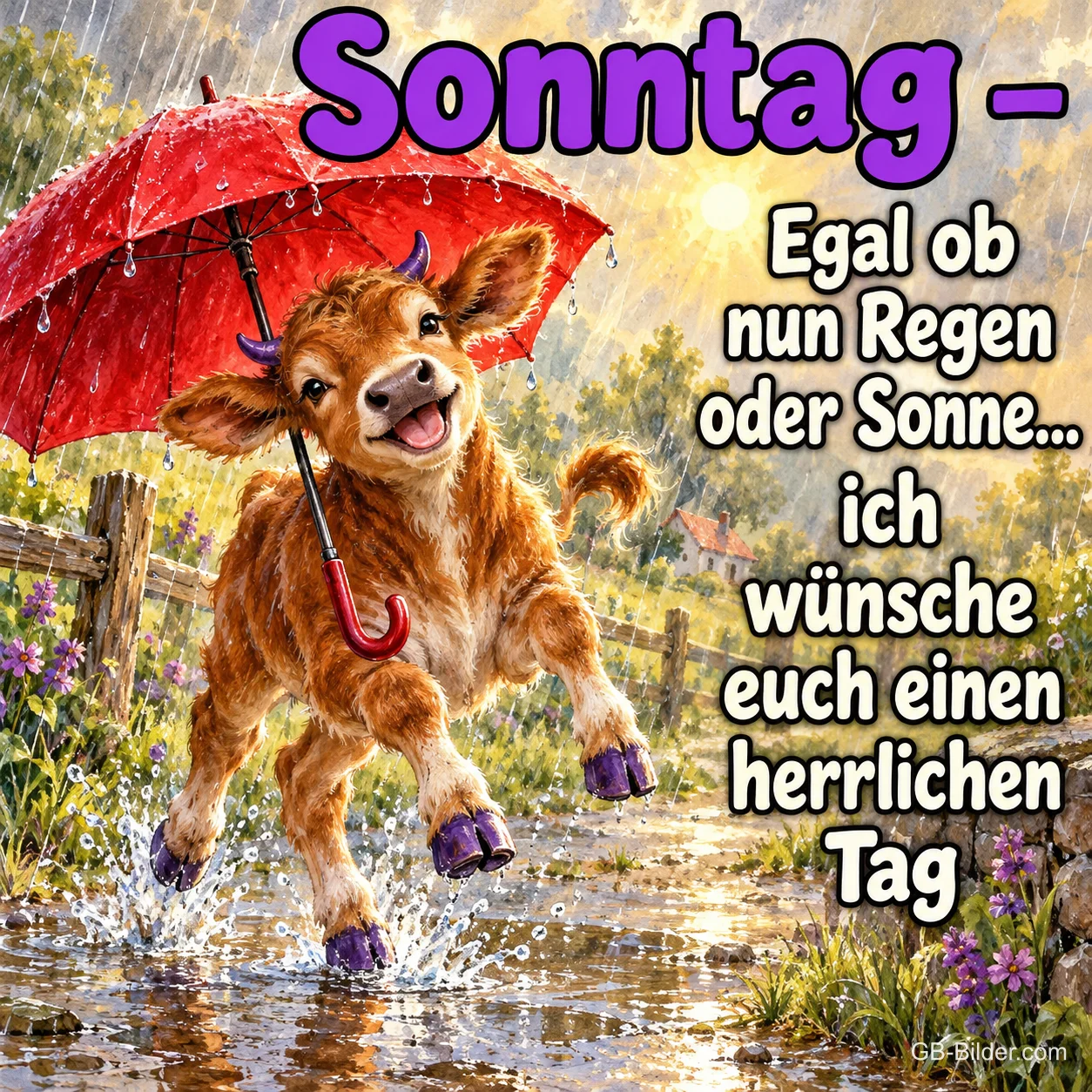 Kalb springt fröhlich mit rotem Regenschirm durch den Regen, Text: Sonntag – Egal ob nun Regen oder Sonne... ich wünsche euch einen herrlichen Tag
