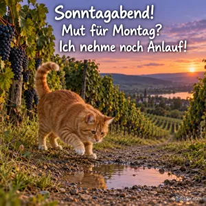Rote Katze schleicht einen Weinbergweg entlang im Abendrot, Text: Sonntagabend! – Mut für Montag? Ich nehme noch Anlauf!