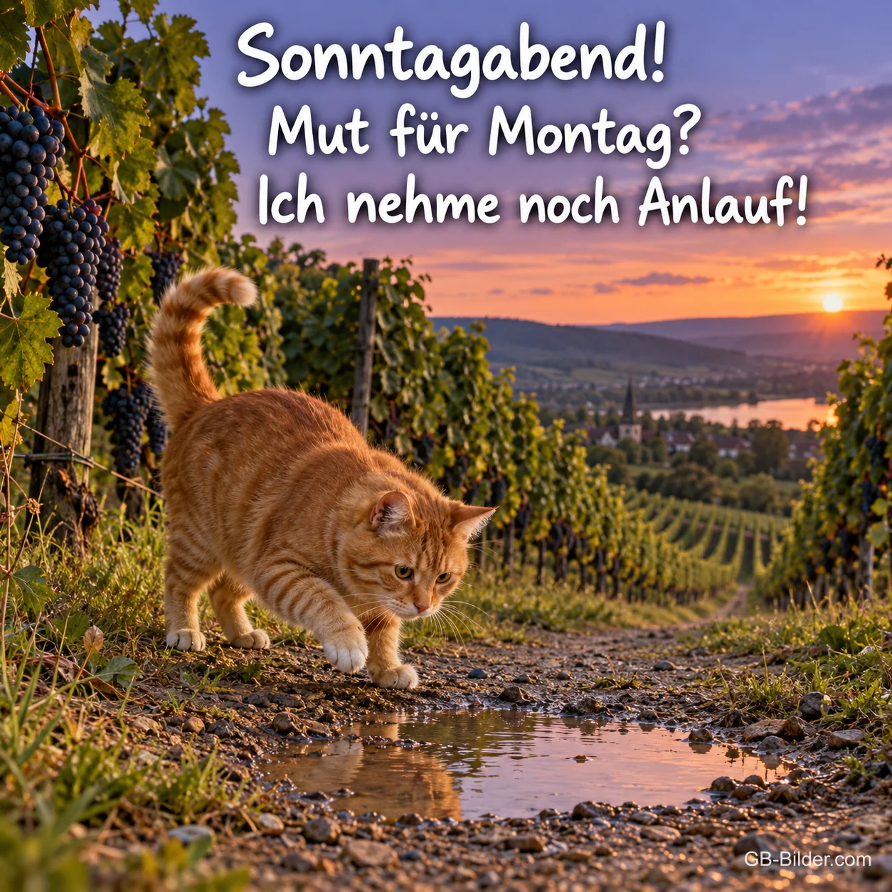 Rote Katze schleicht einen Weinbergweg entlang im Abendrot, Text: Sonntagabend! – Mut für Montag? Ich nehme noch Anlauf!