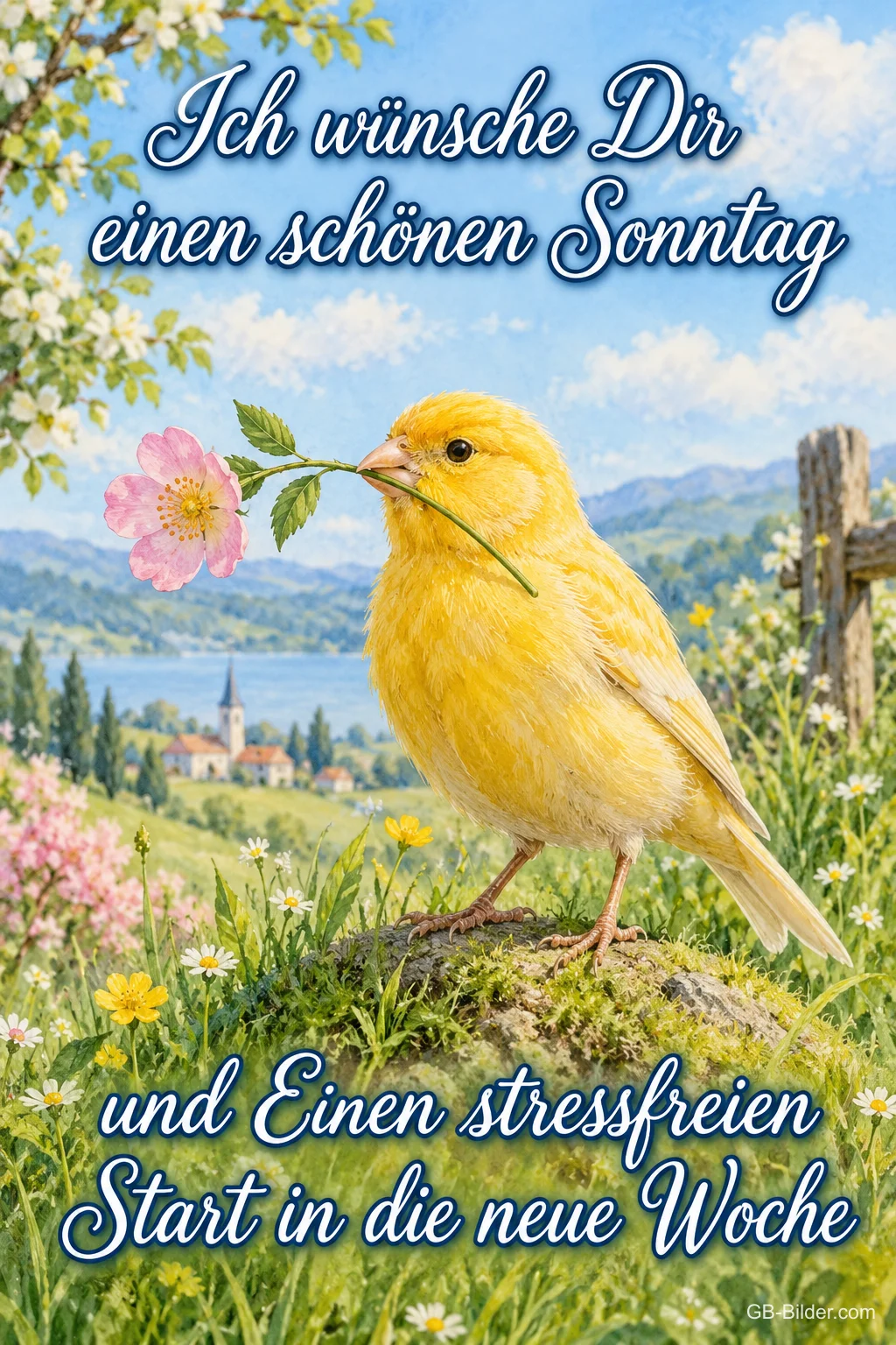 Kanarienvogel mit Rose, Text: Ich wünsche Dir einen schönen Sonntag und Einen stressfreien Start in 