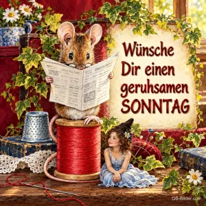 Maus liest Zeitung auf einer Garnrolle, daneben eine kleine Elfe, Text: Wünsche Dir einen geruhsamen SONNTAG