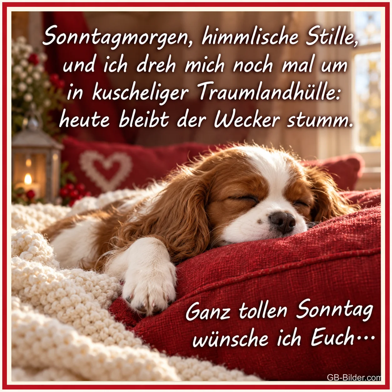 Schlafender Welpe auf Kissen, Text: Sonntagmorgen, himmlische Stille, und ich dreh mich noch mal um in kus