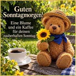 Teddybär mit Strohhut hält eine Sonnenblume neben einer Kaffeetasse, Text: Guten Sonntagmorgen! Eine Blume und ein Kaffee für deinen zauberhaften Sonntag.