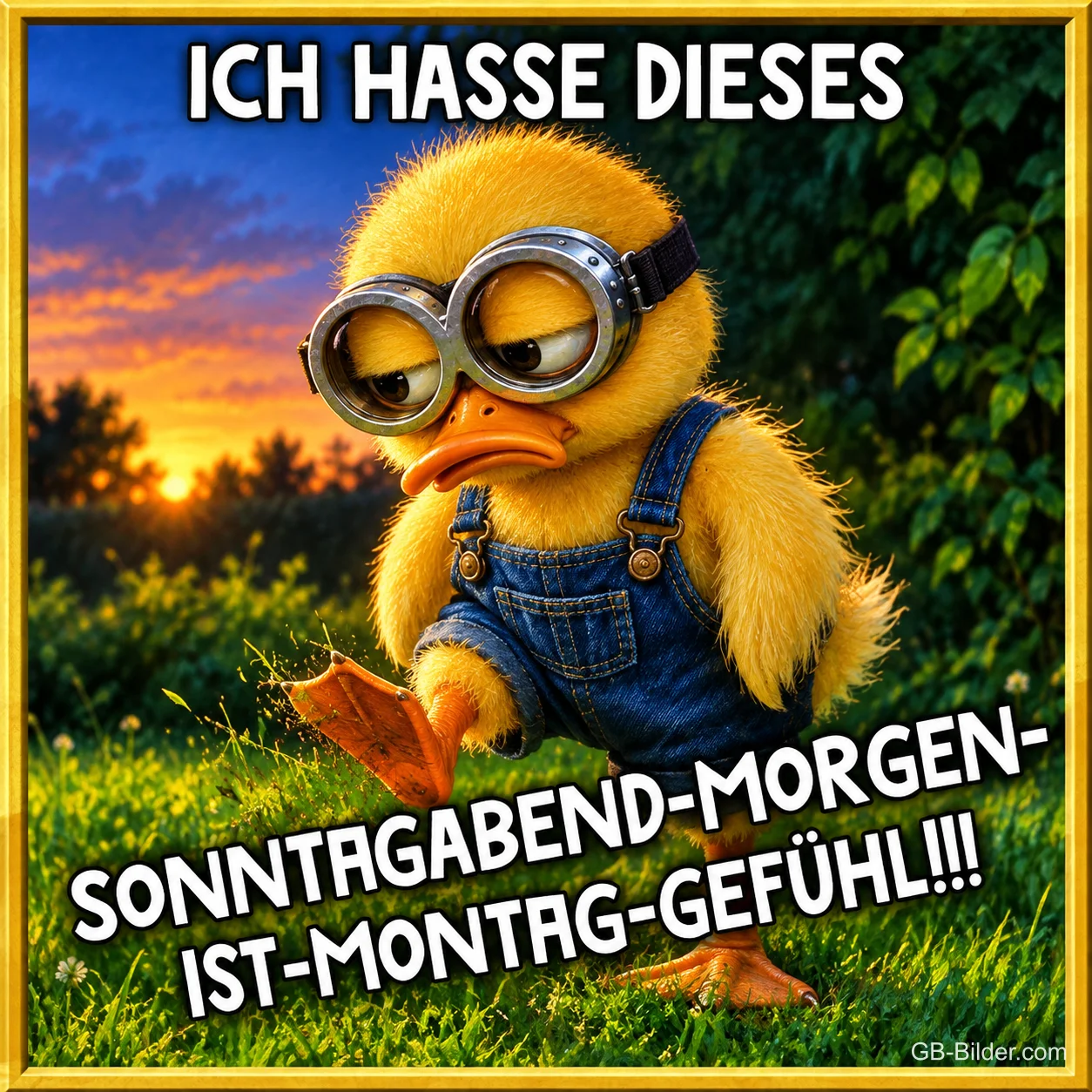 Entenküken mit Fliegerbrille und Latzhose stapft mürrisch über die Wiese, Text: ICH HASSE DIESES SONNTAGABEND-MORGEN-IST-MONTAG-GEFÜHL!!! Entenküken mit Fliegerbrille und Latzhose stapft mürrisch über die Wiese, Text: ICH HASSE DIESES SONNTAGABEND-MORGEN-IST-MONTAG-GEFÜHL!!!