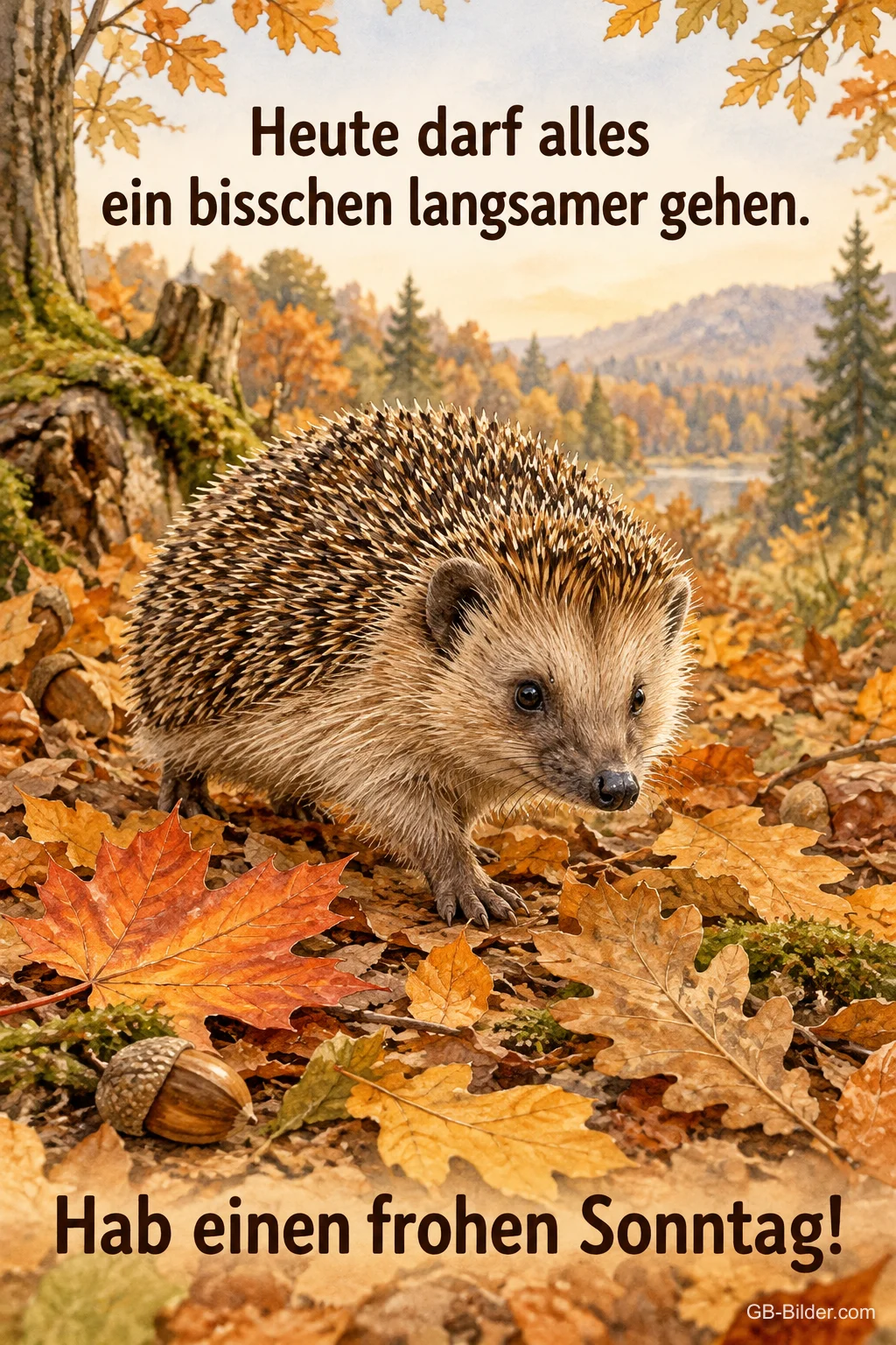 Igel im Herbstlaub, Text: Heute darf alles ein bisschen langsamer gehen