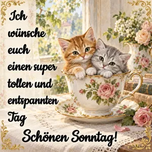 Kätzchen in der Rosentasse, Text: Ich wünsche euch einen super tollen und entspannten Tag
