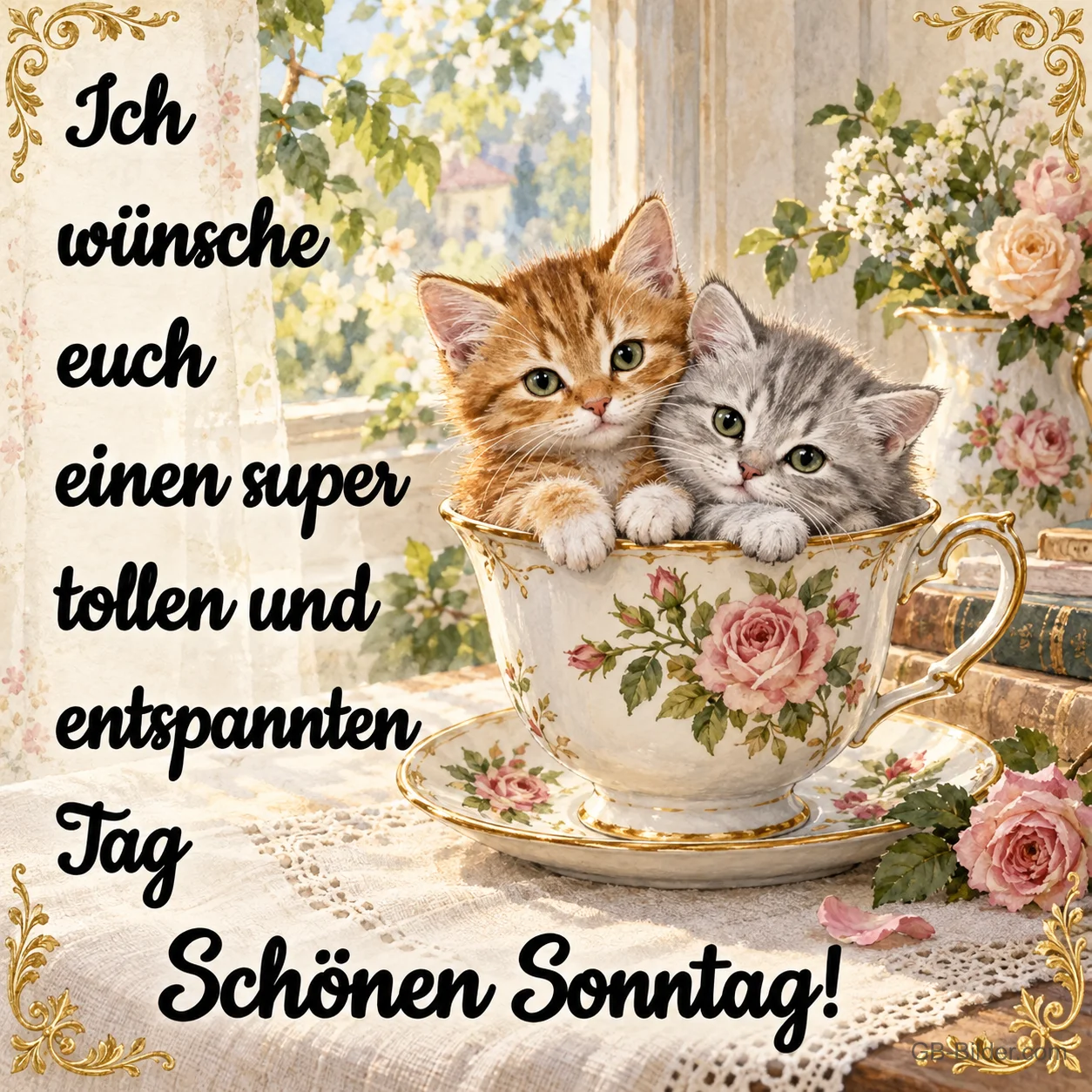 Kätzchen in der Rosentasse, Text: Ich wünsche euch einen super tollen und entspannten Tag