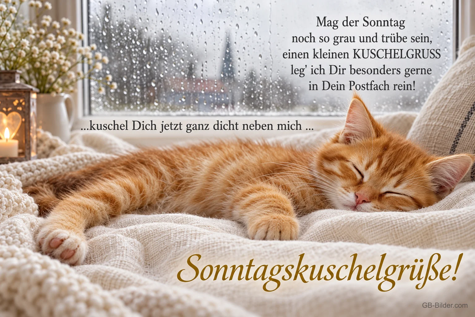 Schlafende Katze am Regenfenster, Text: Mag der Sonntag noch so grau und trübe sein, einen kleinen KUSCHELGRUS