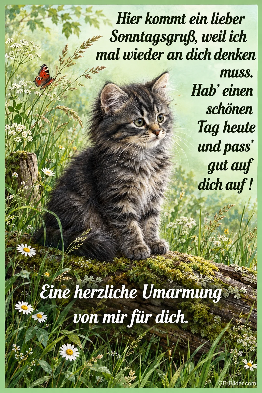 Kätzchen in der Wiese, Text: Hier kommt ein lieber Sonntagsgruß, weil ich mal wieder an dich denken Kätzchen in der Wiese, Text: Hier kommt ein lieber Sonntagsgruß, weil ich mal wieder an dich denken