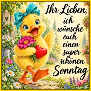 Entenküken mit Schleife läuft mit Blumen und Herz durch den Garten, Text: Ihr Lieben, ich wünsche euch einen super schönen Sonntag